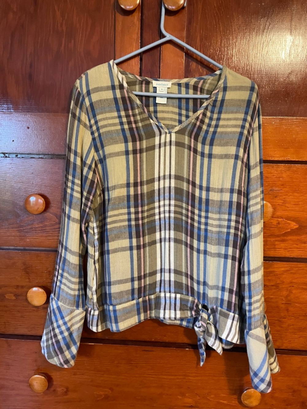 Sundance Beige, Navy and Cream Plaid V-Neck Side-Tie Blouse